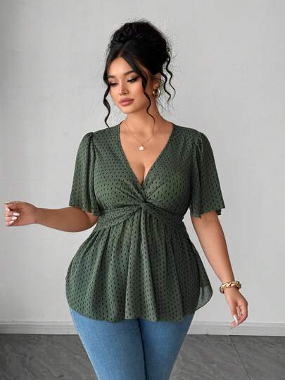 Elenzga Áo kiểu nữ cỡ lớn thanh lịch màu đen chấm bi họa tiết hoa bằng chiffon, vạt xoắn, đa năng cho công sở, đi làm, đi nghỉ mát, dạo phố, mùa xuân/hè.