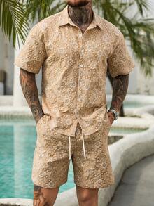 VENTUSAIL 男士夏季度假休闲印花衬衫套装 - 卡其色 - 查看 3