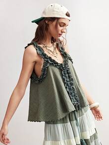 Bohemela Casual Solid Color Woven Ruffle Trim Loose Camisole For Women - Green - View 6