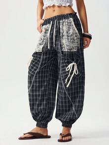 Bohemela Women's Casual Woven Striped Loose Drawstring Pants - Black - View 2