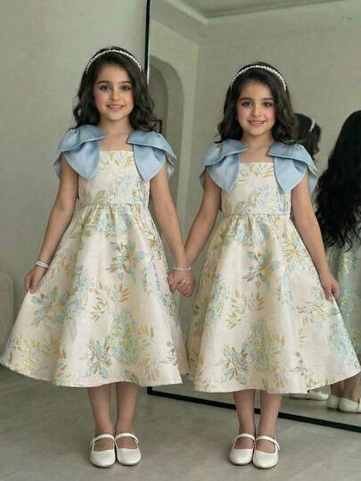 SHEIN Young Girl Floral Jacquard Bow Shoulder Sleeveless Dress