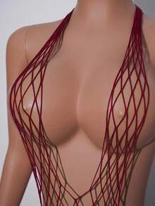 AltCore Bộ jumpsuit lưới màu xanh lá cây không đường may, kiểu dáng Y2K gợi cảm, bộ đồ 3 mảnh tôn dáng cho câu lạc bộ, tiệc độc thân, lễ hội âm nhạc. - Màu Đỏ Sâu - Xem 5