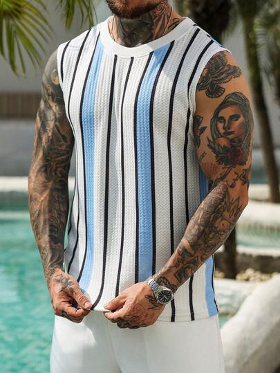 VENTUSAIL Men's Vacation Casual Contrast Stripe Tank Top Summer Men Tops Men Resort Wear Men 2 Piece Set Men Beach Tops Men Stripe Top Old Money,Daily Leisure, Weekend Trips, Outdoor Activities, Travel Expeditions, Relaxed Work Environments Or Semi-Formal Occasions, Boyfriend/Husband Gift, Anniversary /Birthday Gift Party Summer Vacation Holiday,Wedding,Spring To Summer Men Cruise Outfit Yacht Outfit Men Men Beach Outfit Set