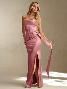 Glamine New Pink Satin Folds Split Thigh Sexy Classy Slim Long Women Cami Dress,Valentine'S Day ,New Years Dresses For Women Elegant Long Wedding Guest Dress Long Dress With Slit Bridesmaid Dresses Satin Long Dress - Pink - View 4