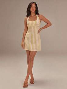 Athîral Women's Striped Halter Casual Mini Dress - Yellow - View 4
