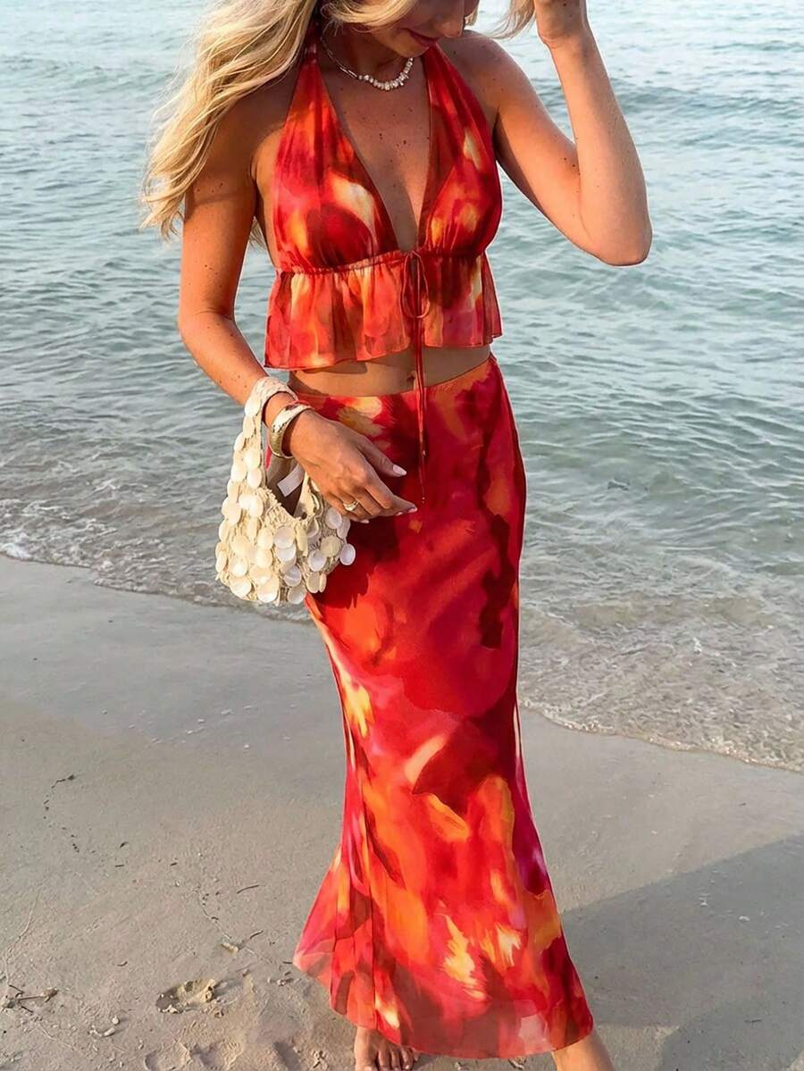 Aloruh 女士扎染荷叶边吊带上衣和半身裙性感两件套，度假橙色两件套性感度假装 - 白色 - 查看 1