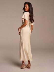 Women's Apricot Ruched Fishtail Hem Sleeveless Casual Dress, Suitable For Vacation, Commute, Party, Wedding - Apricot - View 2