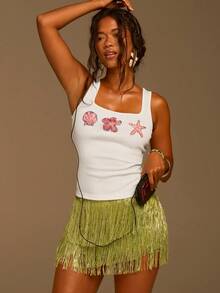 Athîral 女士串珠花朵海星装饰方领休闲背心，串珠闪亮刺绣吊带衫，休闲度假、夏季假期、约会派对、户外活动皆宜，百搭单品，柔软舒适的弹力针织面料 - 彩色 - 查看 4