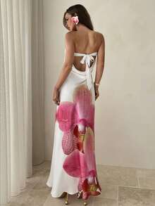 Aloruh 女士春夏新款印花连衣裙，无肩带连衣裙，度假连衣裙，蝴蝶兰花印花粉色连衣裙，约会连衣裙，下午茶连衣裙 - 彩色 - 查看 3