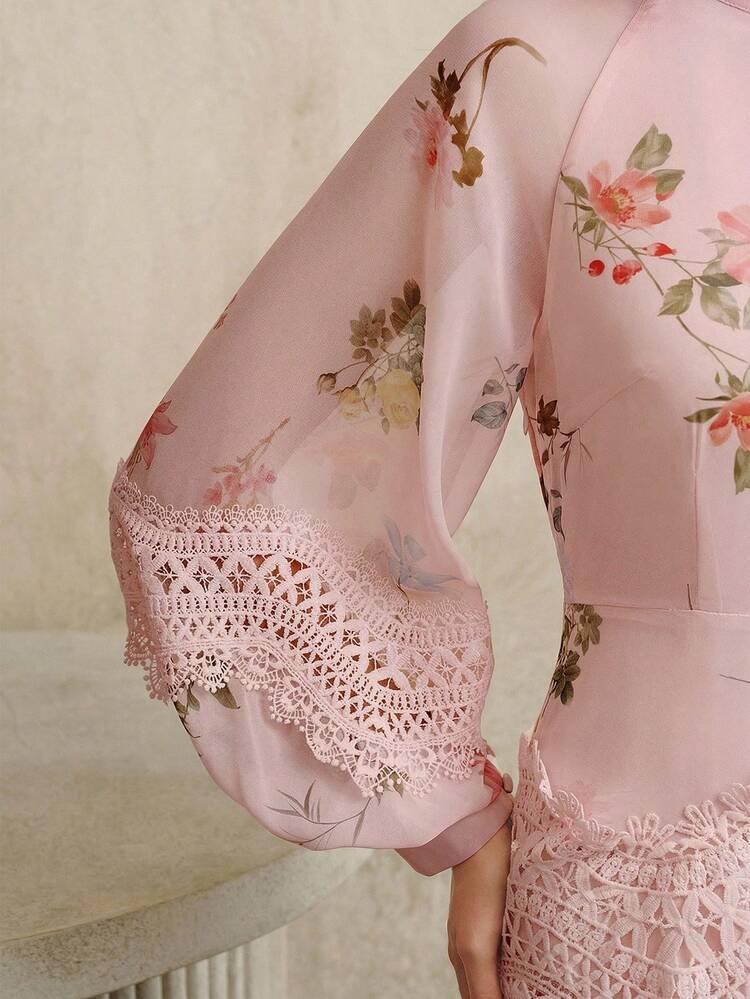 Women's Elegant Floral Print Patchwork Long Sleeve Dress With Ruffled Hem