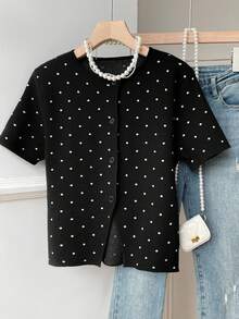 SHEIN EZwear 女士全印花前扣优雅黑色短袖开衫 - 彩色 - 查看 9