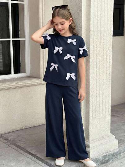 SHEIN Tween Girls Solid Color Round Neck Bow Loose T-Shirt & Baggy Long Pants 2 Pieces Casual Set Graduation Outfit Preppy Style