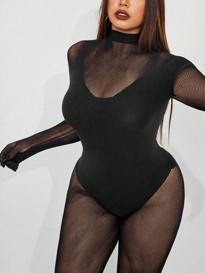 Whyspr 大码女士性感网纱拼接长袖连体裤