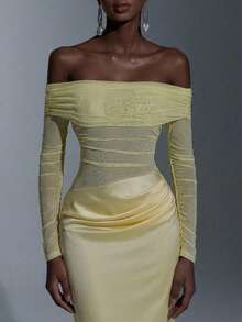 Elitara Elegant High-Stretch Knit Mesh & Satin Off Shoulder Sheer Long Sleeve Waist Ruched Fishtail Dress, Suitable For Dates, Vacations, Singles Parties, Weddings, Women's Evening Gowns, Bridesmaid Dresses - Yellow - View 2