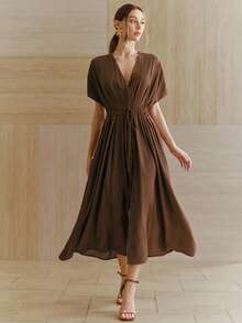 Anewsta Đầm nữ màu nâu linen kiểu Pháp thanh lịch mùa xuân/hè, cổ chữ V sâu, tay cánh dơi, eo thon, xếp ly, dáng xòe, thích hợp cho mặc hàng ngày, dự tiệc, họp mặt, đi nghỉ mát. - Cà phê nâu - Xem 4