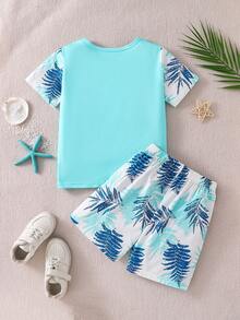 SHEIN Playful Pals 2件套男童休闲树叶印花圆领短袖短裤套装，夏季 - 薄荷綠 - 查看 2
