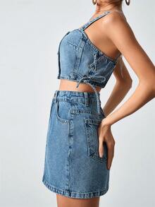 SHEIN Ensemble en jean pour femme, Top en jean et mini-jupe en jean bleu ciel - Bleu azur - Voir 4