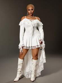 Maweii Vestido de verano de talla grande de unicolor con volantes y encaje en contraste - Blanco - Ver 1