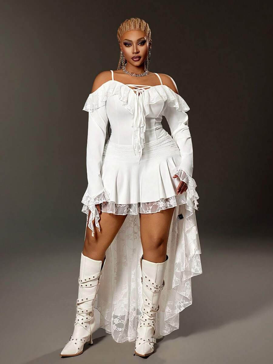 Maweii Vestido de verano de talla grande de unicolor con volantes y encaje en contraste - Blanco - Ver 1