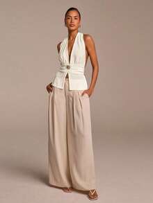 COSMINA Deep V-Neck Halter Top,White Summer Elegant Vacation Top,Waist Ruched Detail,Metal Buckle Accent,Open Back Design,Striped Texture Fabric,Apricot - Apricot - View 4