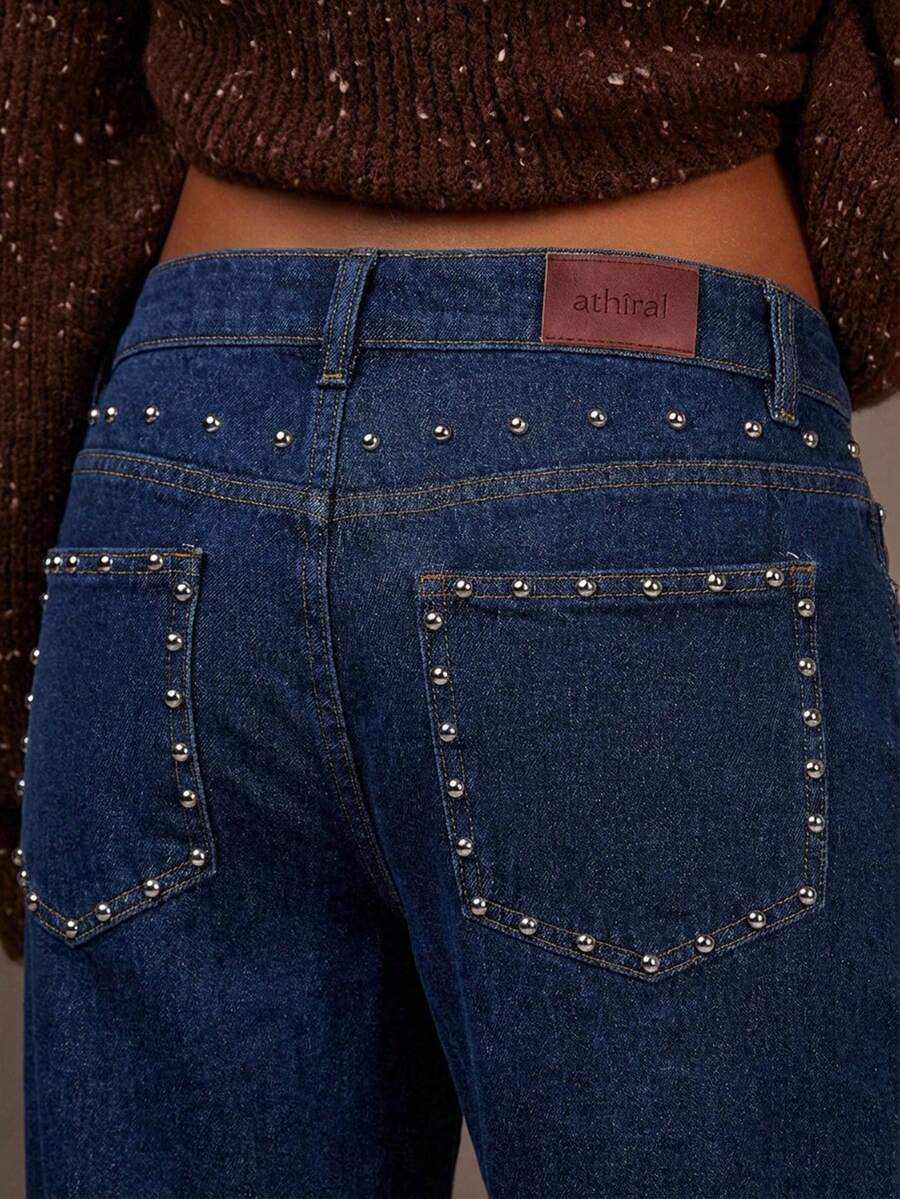 Athîral Women's Rivet Pocket Straight Loose Casual Versatile Jeans - Navy Blue - View 1