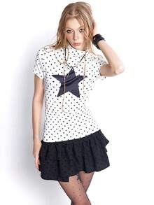 Bloopia Áo nữ mùa xuân/hè mới về, thiết kế theo phong cách Subculture với phối màu đen trắng tương phản, họa tiết chấm sao ngộ nghĩnh, thời trang thường ngày thanh lịch đa năng, áo thun nữ cổ cao ôm dáng tay ngắn. - Đen và trắng - Xem 4