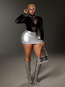 Maweii Plus Size Women's Solid Color Mesh Patchwork Long Sleeve Sexy Bodysuit - Black - View 3