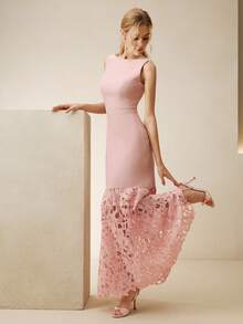 Anewsta Đầm maxi dáng chữ A không tay, cổ thuyền, màu hồng nhạt mới cho mùa xuân và hè, chất liệu ren thêu tan trong nước, trang phục dự tiệc thanh lịch dành cho phụ nữ. - Hồng - Xem 3