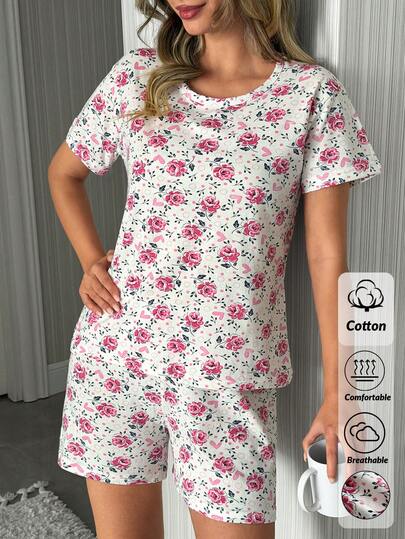 SHEIN Conjunto de pijama casual y cómodo de 2 piezas de mujer de algodón con camisa de cuello redondo de manga corta y pantalones cortos con patrón floral de color blanco y contraste