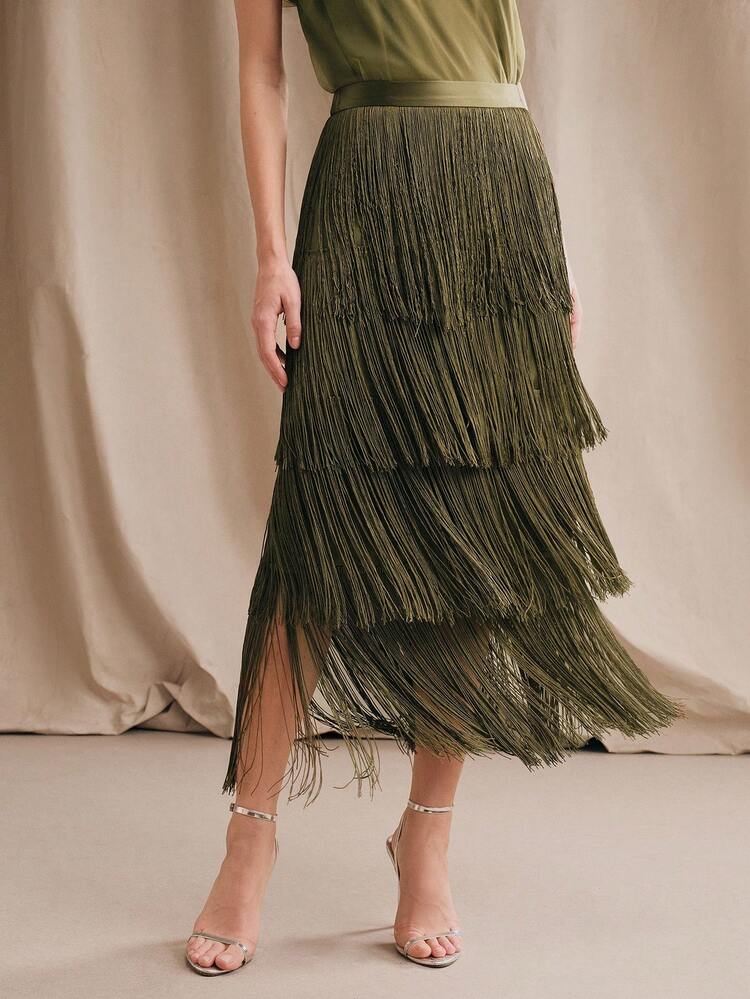 Women's Petite Elegant Olive Green Tiered Fringe Midi Dress, Flattering, Formal, Party, Chic, Work, Graduation, Wedding