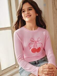 Anewsta Embroidered & Printed Cherry T-Shirt, Light Pink Long Sleeve Top For Tween Girl, Autumn School Cute Graphic Spring/Summer Style Pink Tops - Pink - View 1
