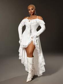 Maweii Vestido de verano de talla grande de unicolor con volantes y encaje en contraste - Blanco - Ver 5