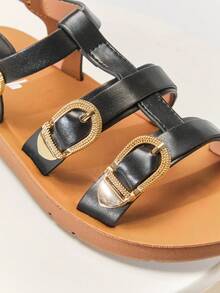 Mini mi #ModernRoman 儿童三扣优质纯素皮革黑色T字带平底凉鞋 – 安全、时尚、舒适 - 黑色 - 查看 4