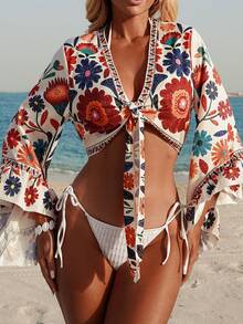 Swim Vcay 跨境新品，彩色印花装饰长袖，优雅度假风女士泳衣和服 - 彩色 - 查看 2