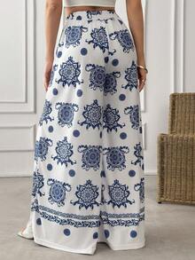 EURMUSE Women's Summer Vacation All-Over Print Elastic Waist Wide Leg Pants - Blue and White - View 2