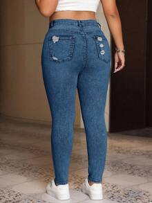 EURMUSE Plus Size Women's Pocket Distressed Skinny Casual Versatile Denim Jeans - Royal Blue - View 2