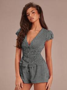 Athîral Women's Casual Plaid Ruched Waist Blouse, Summer - Black and White - View 2