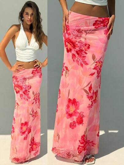 Aloruh Women Elegant Floral Print Low Waist Skirt Summer Summer Outfits Summer Clothes Beach Outfits For Woman  Beach Vacation Vacation Outfits Woman Boho Tropical Vacation Woman Clothe Tropical Vacation Woman Clothe Floral