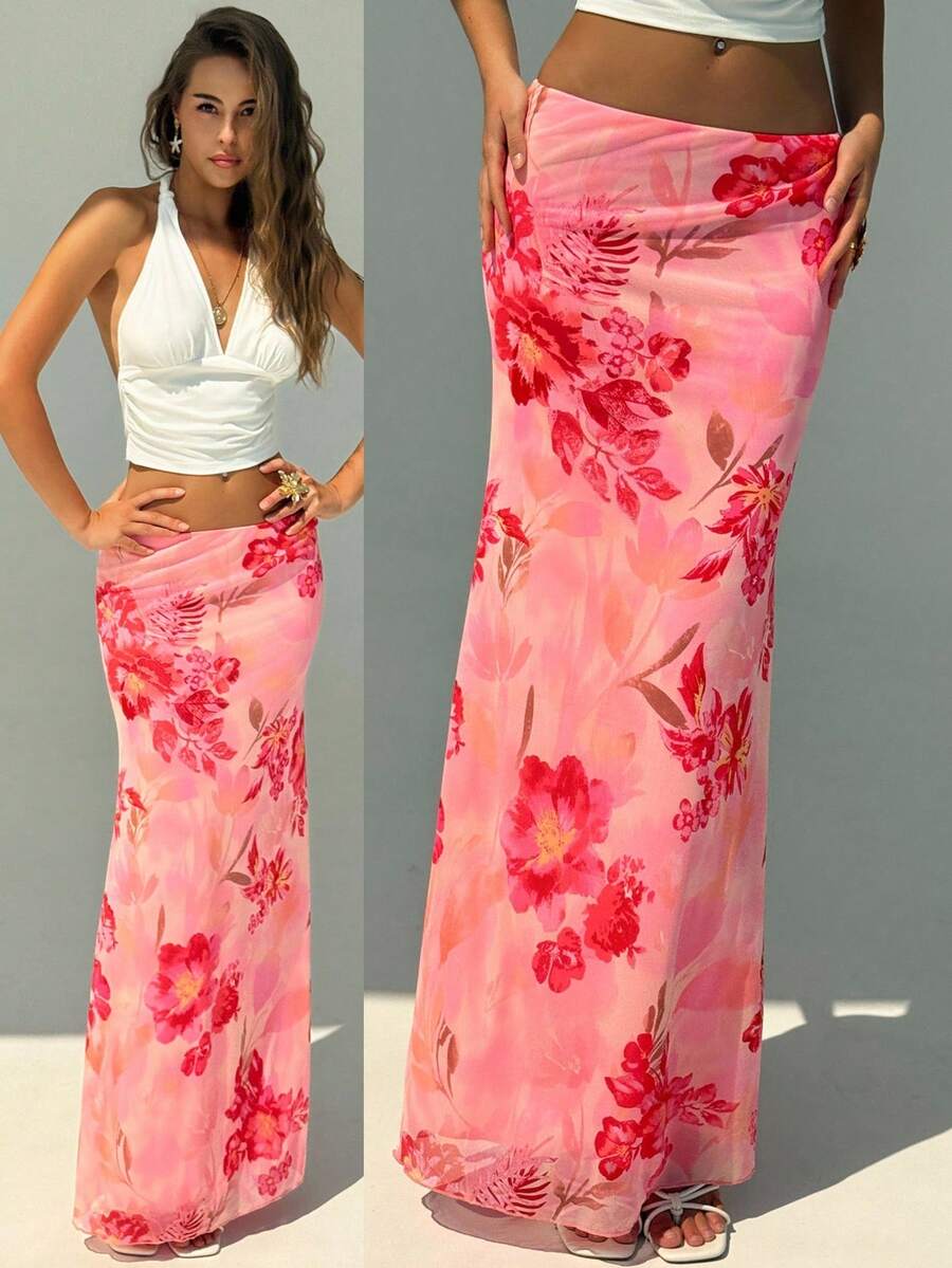 Aloruh 女士优雅花卉印花低腰半身裙