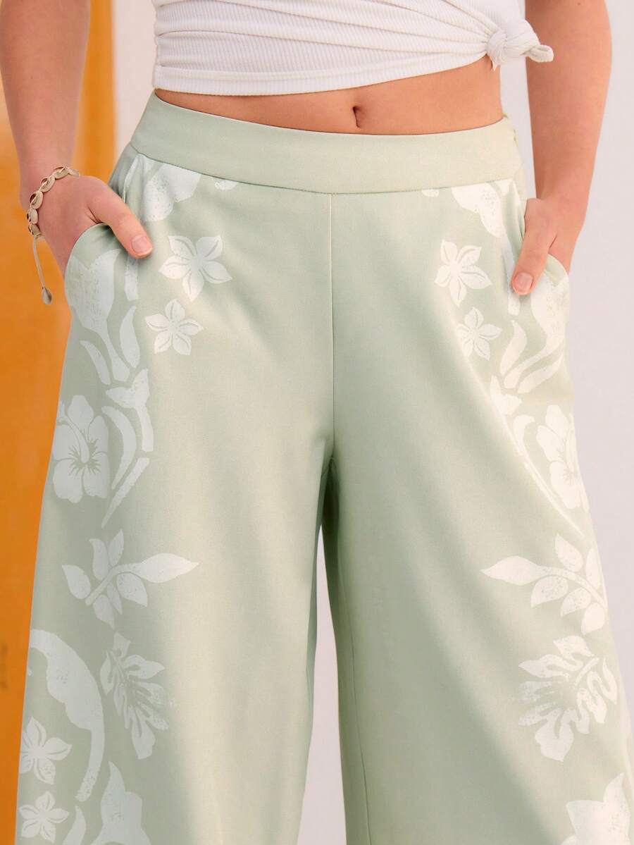 Athîral 女士休闲度假浅绿色印花阔腿裤 - 綠色 - 查看 1