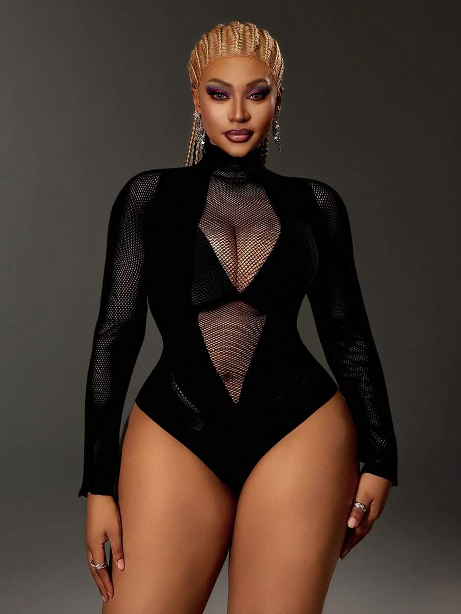 Maweii Plus Size Women's Solid Color Mesh Patchwork Long Sleeve Sexy Bodysuit - Black - View 1
