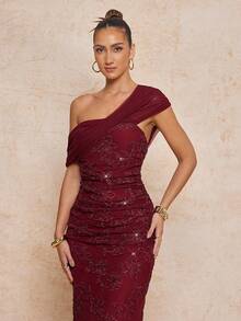 Lumalex Spring/Summer New Burgundy & Purple Sequin Mesh Splice Ruched Asymmetric Shoulder Flattering Long Dress - Burgundy - View 9