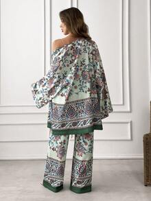 EURMUSE Printed High Waist Two Pieces Set – Long Sleeve Kimono Top & Wide Leg Pants - Multicolor - View 2