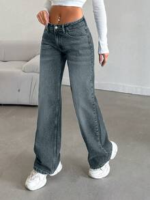 Women's Loose Fit Low Waist Wide Leg Jeans With Pockets - Dusty Blue - View 5