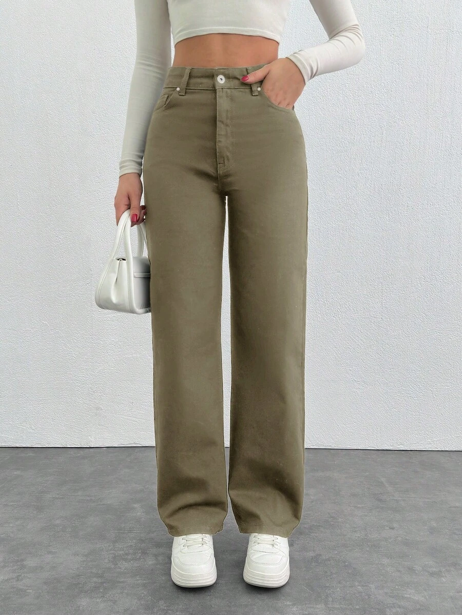 EURMUSE 女士休闲百搭通勤牛仔裤，带口袋和纽扣 - 米色 - 查看 1