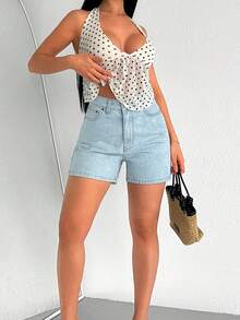 SHEIN 高腰夏季女式牛仔短裤，复古水洗，前拉链 - 深色水洗藍 - 查看 5