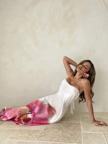 Aloruh 女士春夏新款印花连衣裙，无肩带连衣裙，度假连衣裙，蝴蝶兰花印花粉色连衣裙，约会连衣裙，下午茶连衣裙 - 彩色 - 查看 6