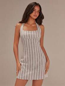 Athîral Đầm ngắn không tay kẻ sọc thường ngày dành cho nữ - Màu Khaki - Xem 5