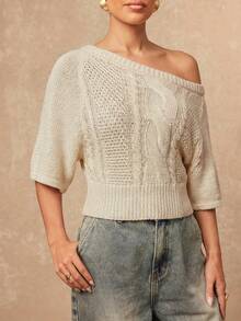 Lumalex Beige Summer Casual Asymmetric Collar Short Sleeve Sweater,Brunch Boho-Casual Flair Quiet Luxury Business Chic,Glitter-Accented Party Look For Vacay - Apricot - View 8