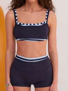 Athîral Women's Casual Sports Vest Blue Striped Set, Camisole Sleeveless Set, Gym Wear, Sports Wear, Sports Set, Navy Blue Set, Elastic Knitted Soft And Comfortable Fabric, Girls' Wear - Navy Blue - View 3